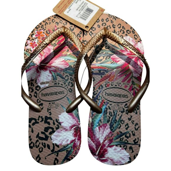 Havaianas Girls Floral Leopard Print Flip Flops Bronze Straps Size 2Y Kids - Picture 4 of 6